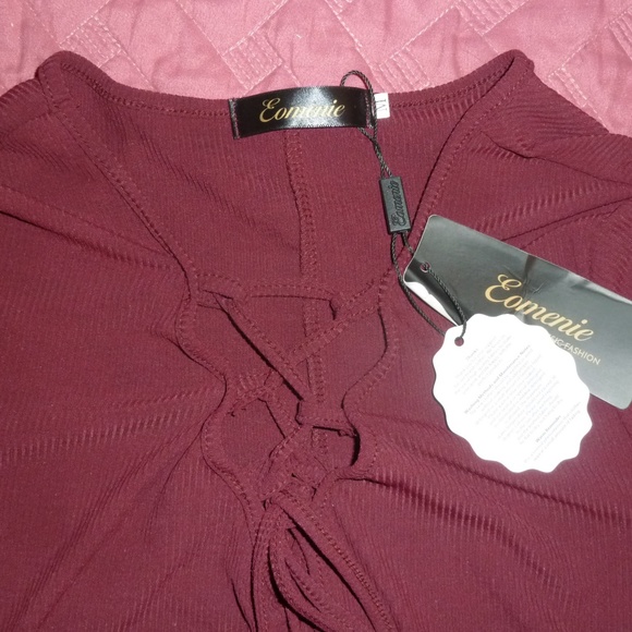 Dark Burgundy Tunic Top, Tie Front, Long Sleeve, M - Picture 7 of 7